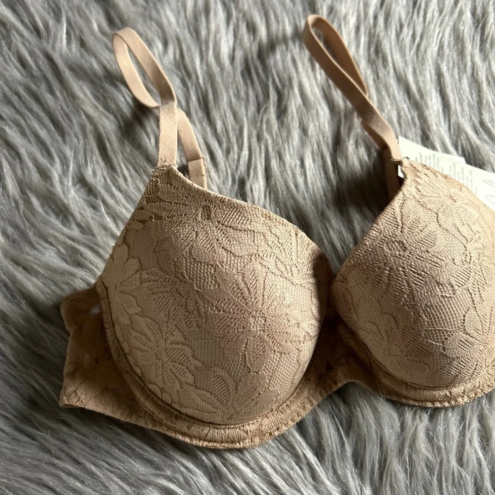 No Boundaries Push Up Bra Womens Size 32C‎ Tan Brown Floral Lace Underwire NEW